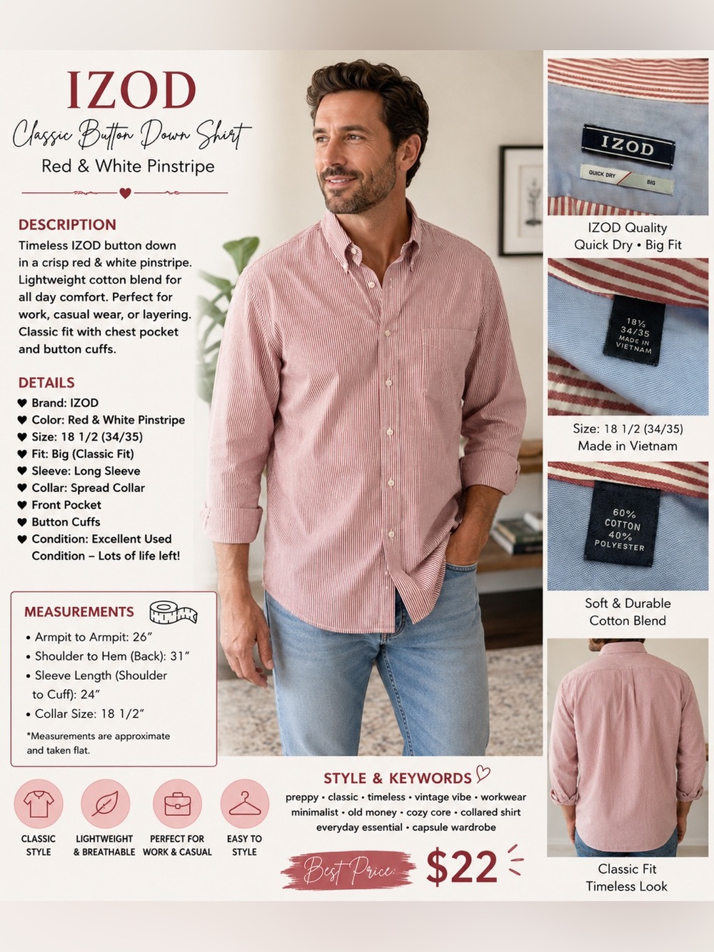 Izod Men’s Pink and White Pinstripe Dress Shirt